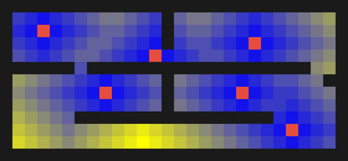 Six recommended trap positions over a map of expected time-to-encounter (synthetic demo).